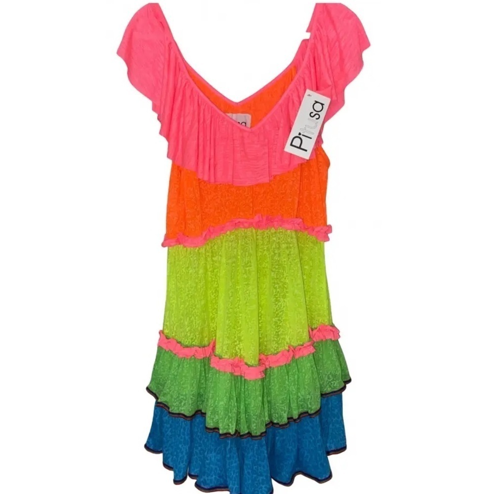 PITUSA Neon Rainbow Ruffle Mini Dress Cover Up Vacation Tropical